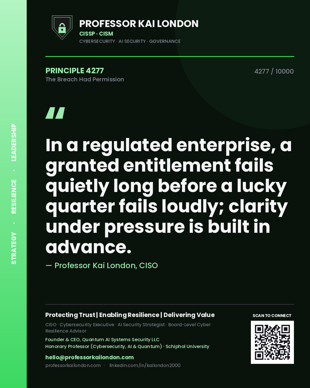 Quote card by Professor Kai London reading 'In a regulated enterprise, a granted entitlement fails quietly long before a lucky quarter fails loudly; clarity under pressure is built in advance.'. From the book The Breach Had Permission.