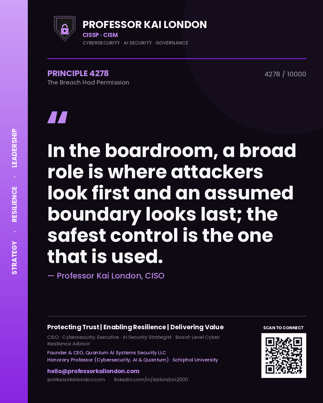 Quote card by Professor Kai London reading 'In the boardroom, a broad role is where attackers look first and an assumed boundary looks last; the safest control is the one that is used.'. From the book The Breach Had Permission.