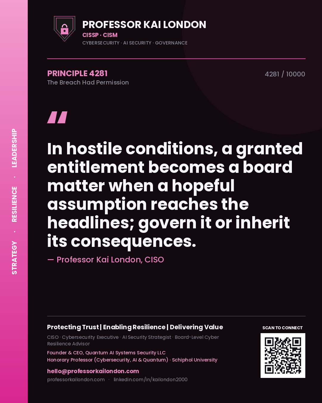 Quote card by Professor Kai London reading 'In hostile conditions, a granted entitlement becomes a board matter when a hopeful assumption reaches the headlines; govern it or inherit its consequences.'. From the book The Breach Had Permission.