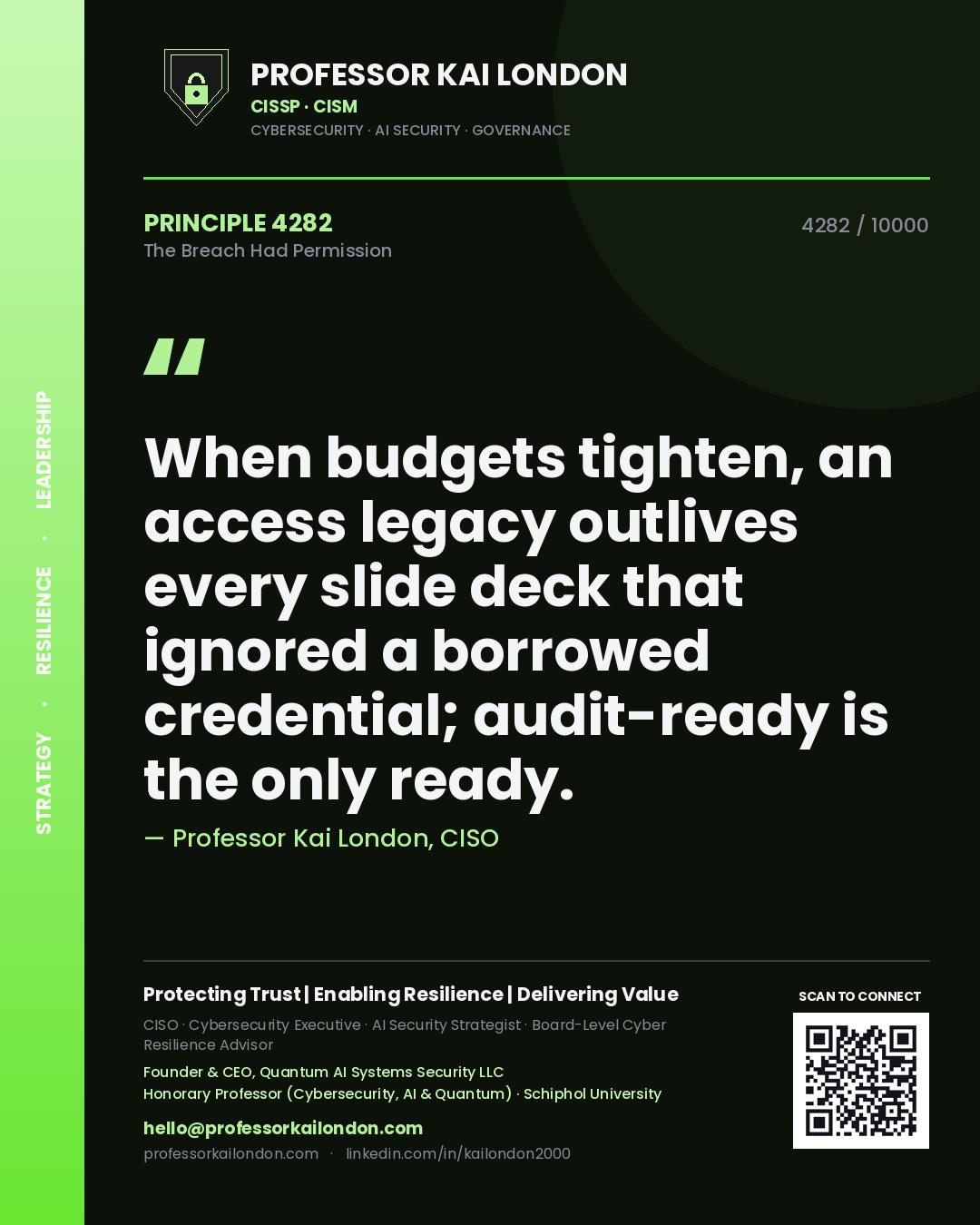 Quote card by Professor Kai London reading 'When budgets tighten, an access legacy outlives every slide deck that ignored a borrowed credential; audit-ready is the only ready.'. From the book The Breach Had Permission.