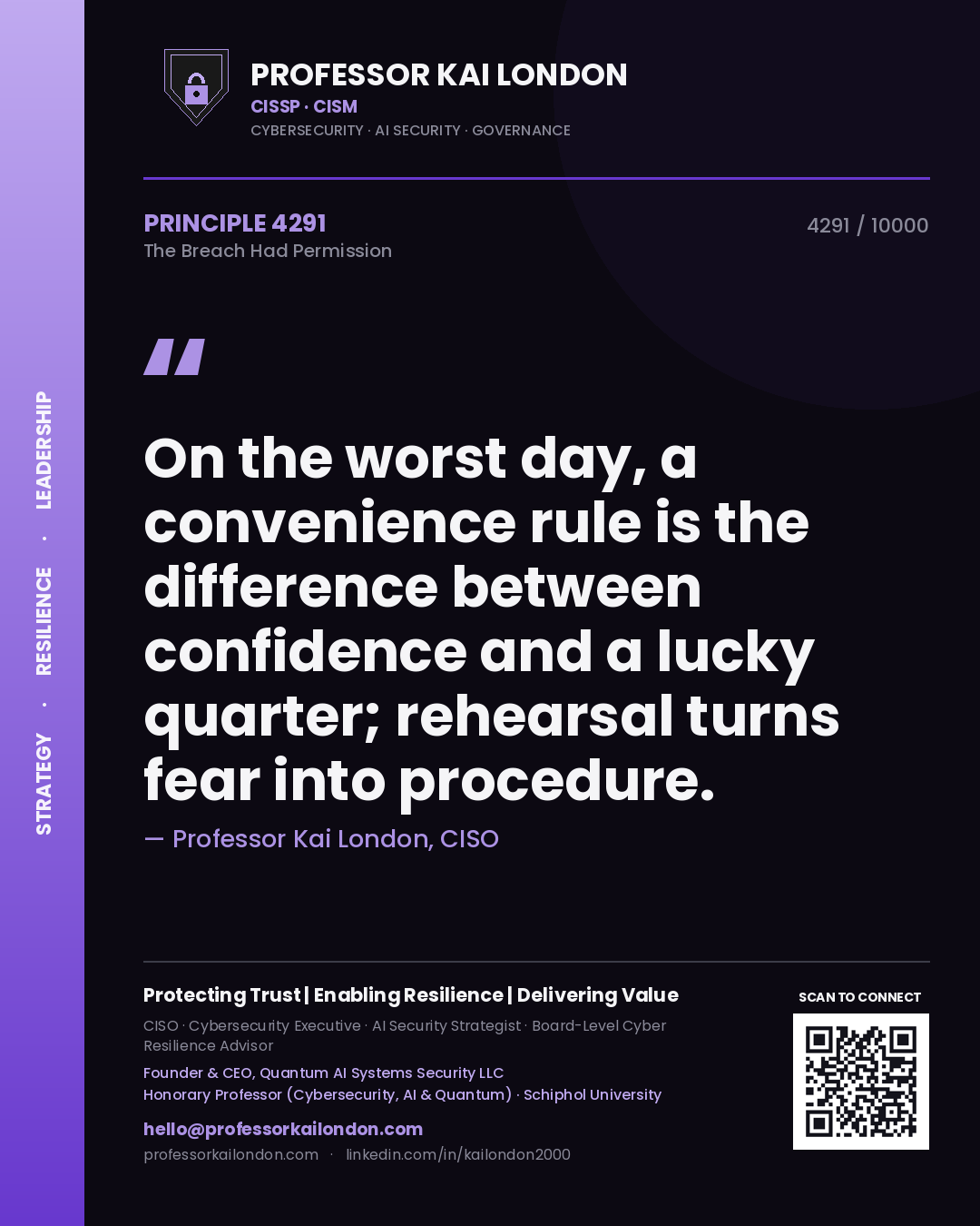 Quote card by Professor Kai London reading 'On the worst day, a convenience rule is the difference between confidence and a lucky quarter; rehearsal turns fear into procedure.'. From the book The Breach Had Permission.