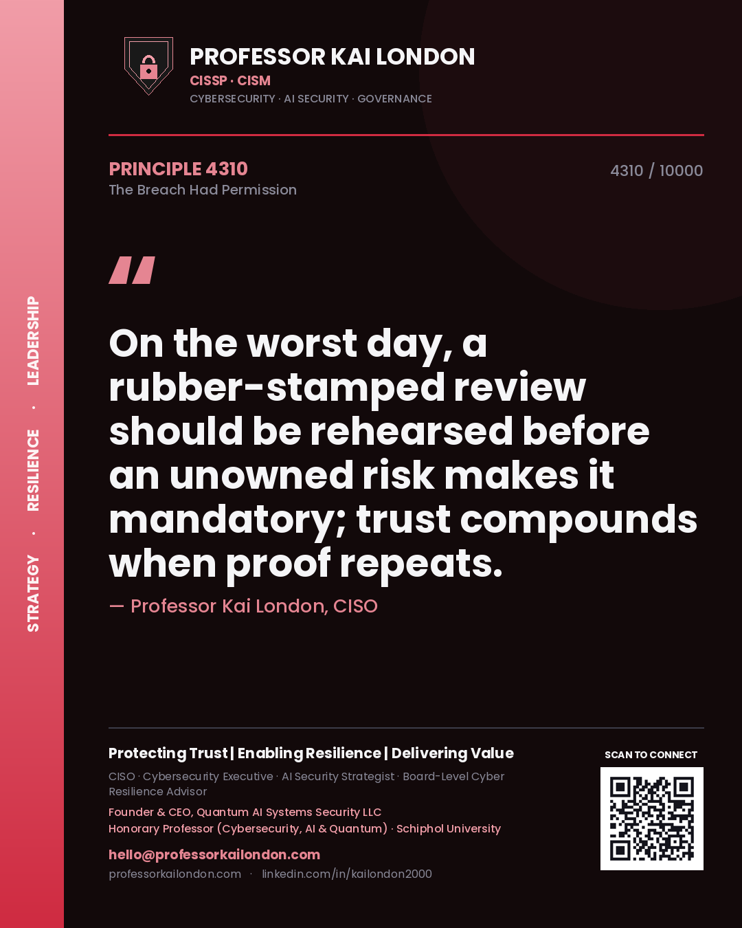 Quote card by Professor Kai London reading 'On the worst day, a rubber-stamped review should be rehearsed before an unowned risk makes it mandatory; trust compounds when proof repeats.'. From the book The Breach Had Permission.