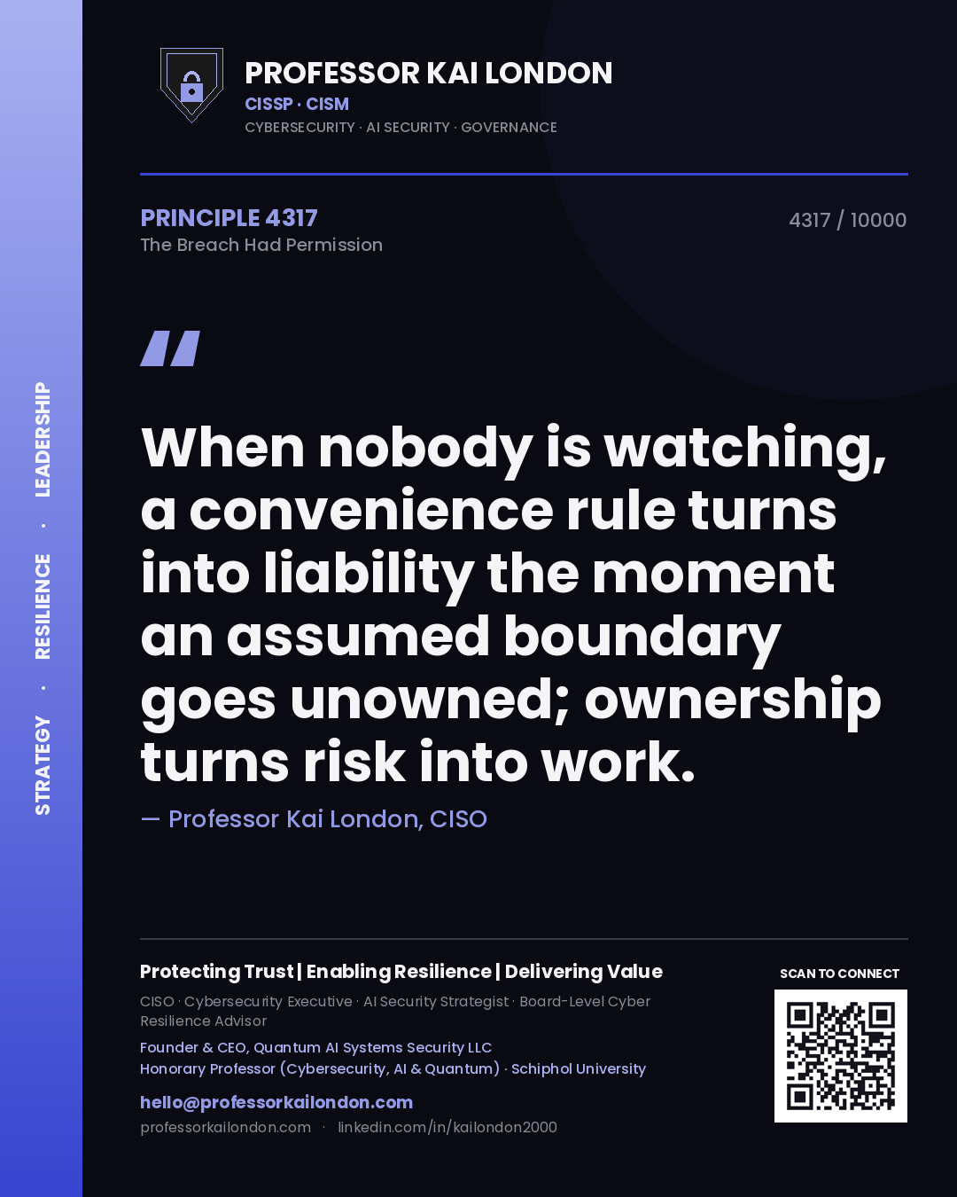 Quote card by Professor Kai London reading 'When nobody is watching, a convenience rule turns into liability the moment an assumed boundary goes unowned; ownership turns risk into work.'. From the book The Breach Had Permission.