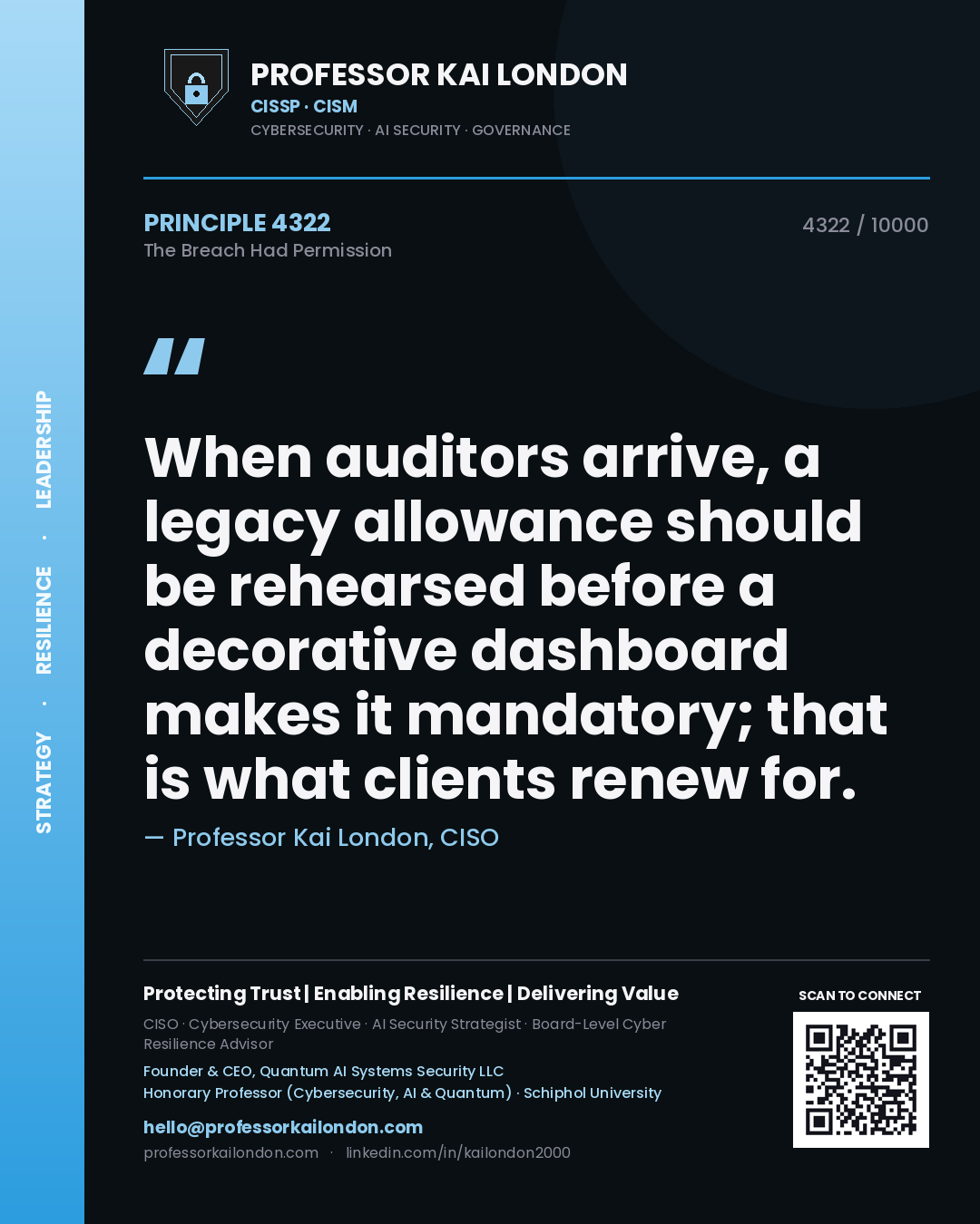 Professor Kai London principle 4322: When auditors arrive, a legacy allowance should be rehearsed before a decorative dashboard makes it mandatory; that is what clients renew for.