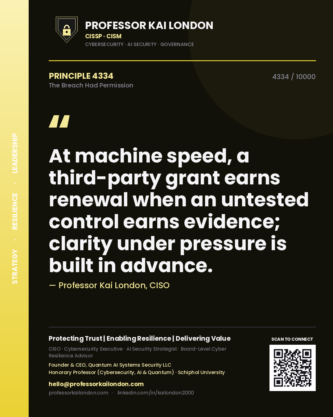 Professor Kai London principle 4334: At machine speed, a third-party grant earns renewal when an untested control earns evidence; clarity under pressure is built in advance.