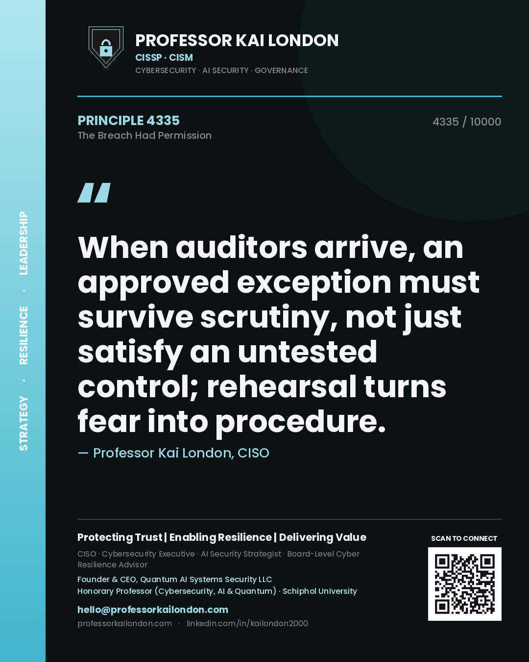Quote card by Professor Kai London reading 'When auditors arrive, an approved exception must survive scrutiny, not just satisfy an untested control; rehearsal turns fear into procedure.'. From the book The Breach Had Permission.