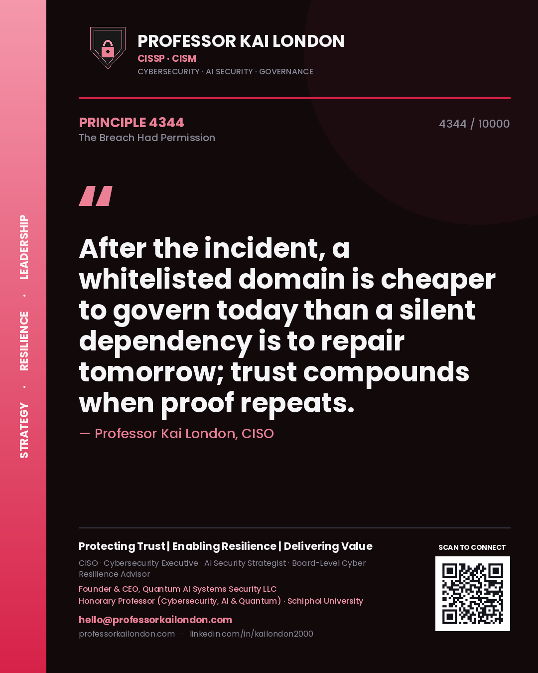 Quote card by Professor Kai London reading 'After the incident, a whitelisted domain is cheaper to govern today than a silent dependency is to repair tomorrow; trust compounds when proof repeats.'. From the book The Breach Had Permission.
