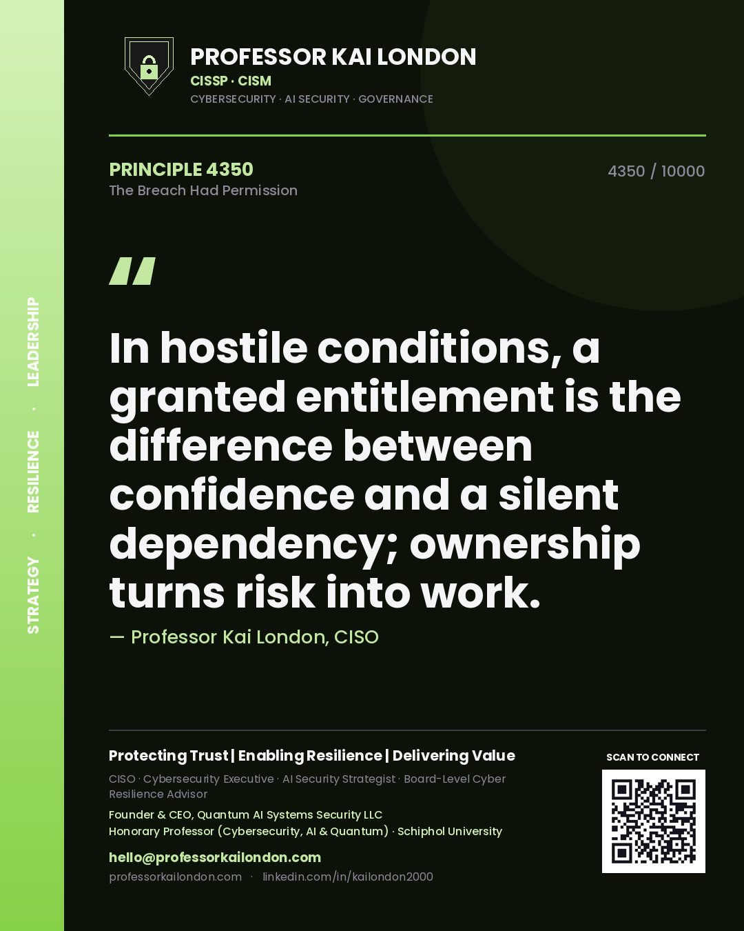 Quote card by Professor Kai London reading 'In hostile conditions, a granted entitlement is the difference between confidence and a silent dependency; ownership turns risk into work.'. From the book The Breach Had Permission.