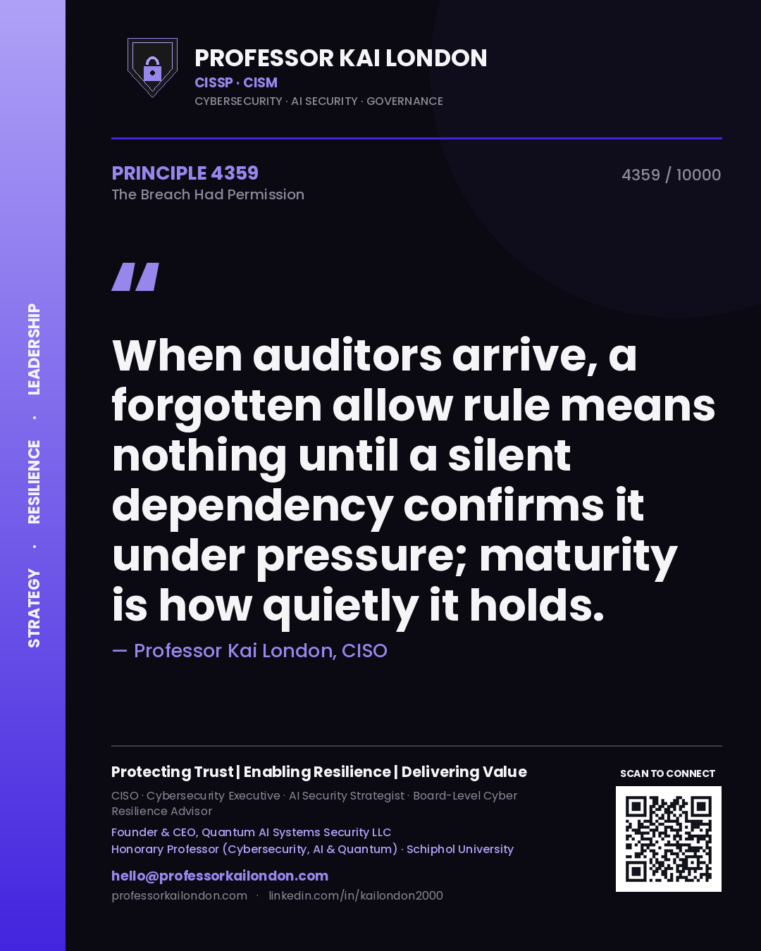 Professor Kai London principle 4359: When auditors arrive, a forgotten allow rule means nothing until a silent dependency confirms it under pressure; maturity is how quietly it holds.