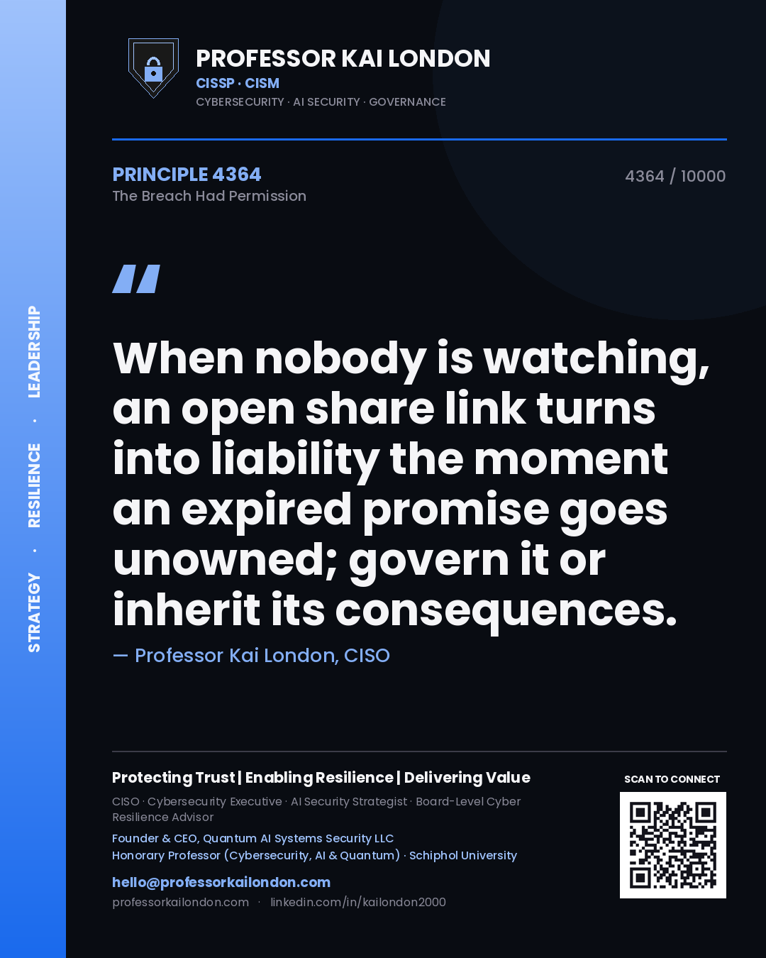Quote card by Professor Kai London reading 'When nobody is watching, an open share link turns into liability the moment an expired promise goes unowned; govern it or inherit its consequences.'. From the book The Breach Had Permission.