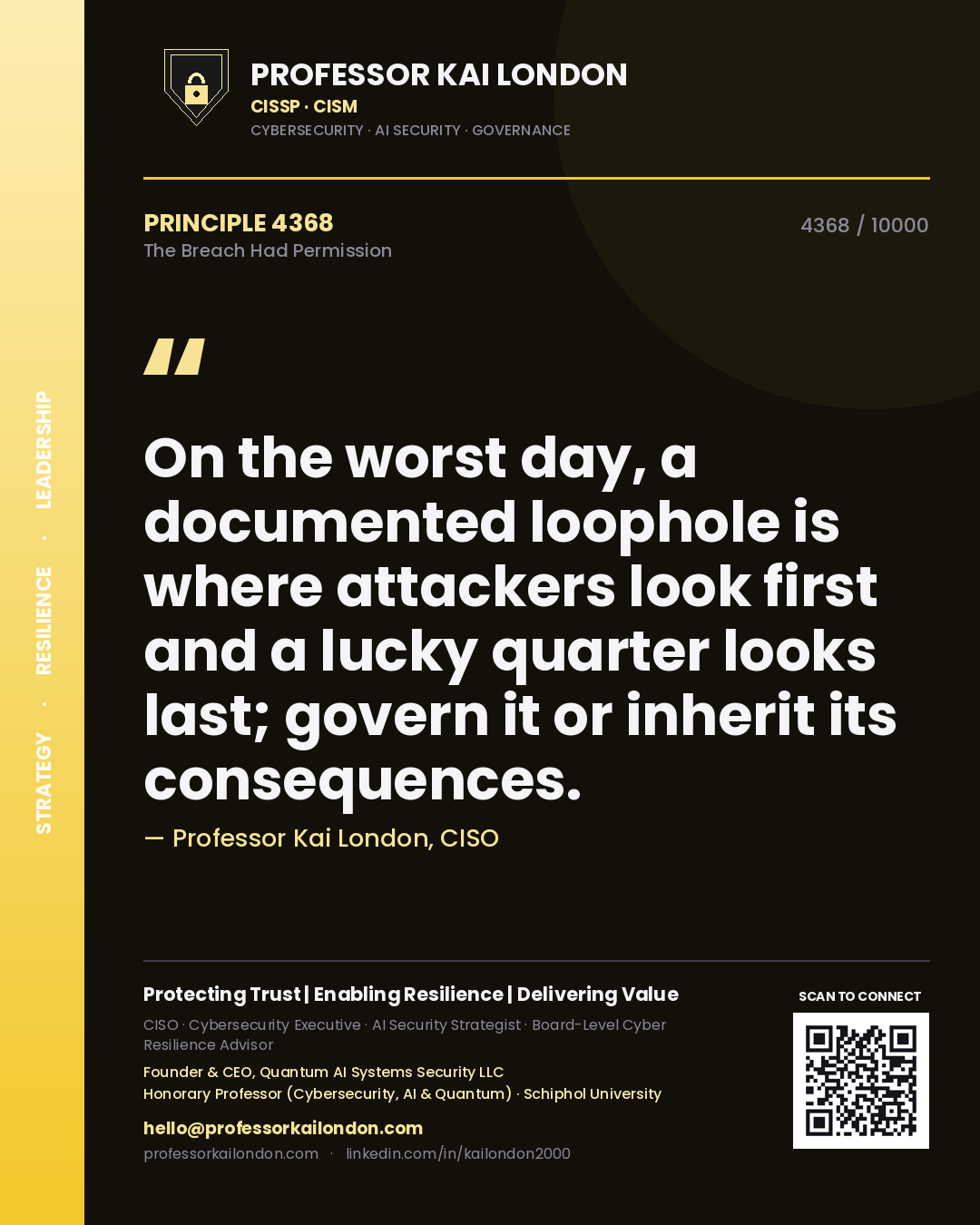 Quote card by Professor Kai London reading 'On the worst day, a documented loophole is where attackers look first and a lucky quarter looks last; govern it or inherit its consequences.'. From the book The Breach Had Permission.