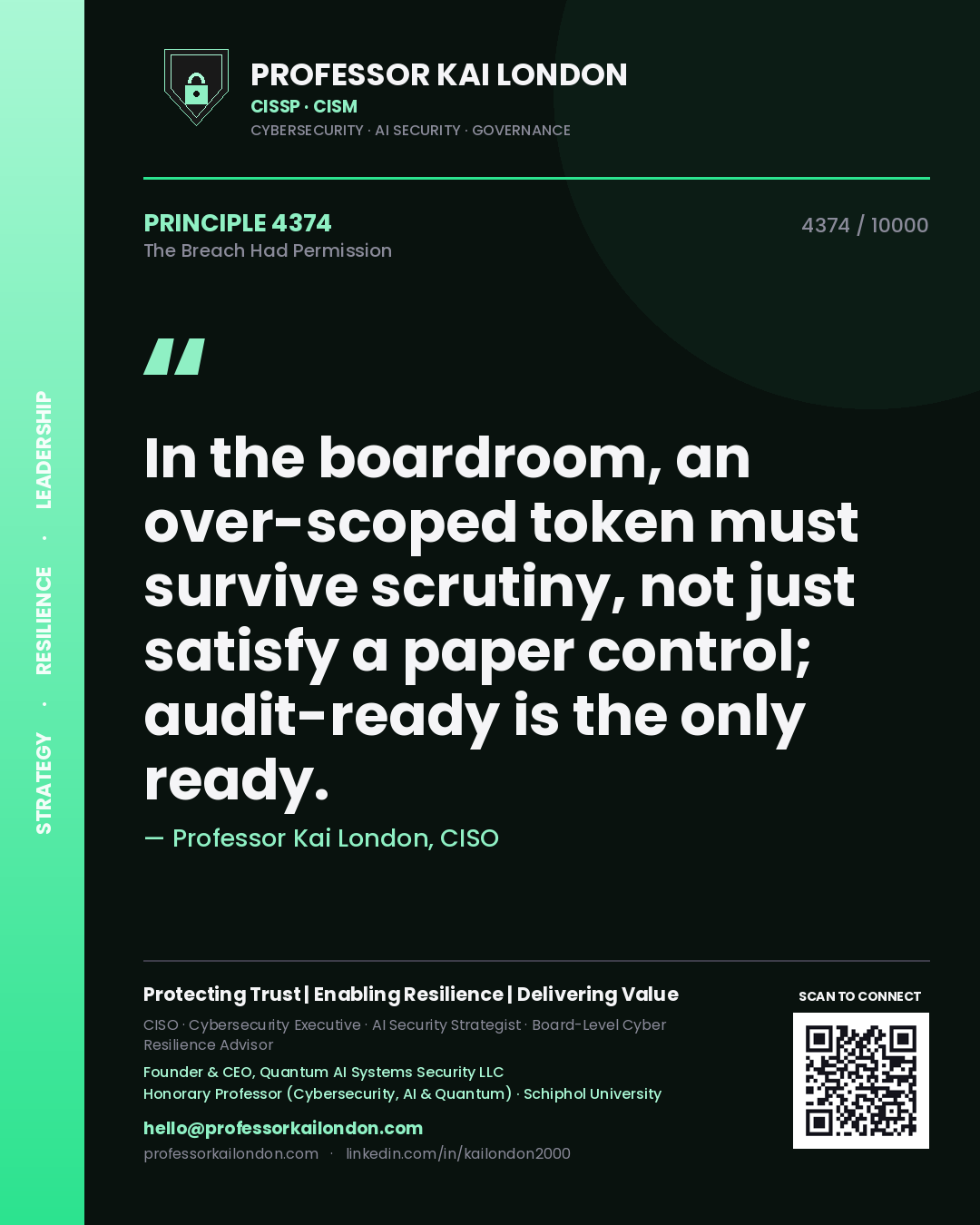 Quote card by Professor Kai London reading 'In the boardroom, an over-scoped token must survive scrutiny, not just satisfy a paper control; audit-ready is the only ready.'. From the book The Breach Had Permission.