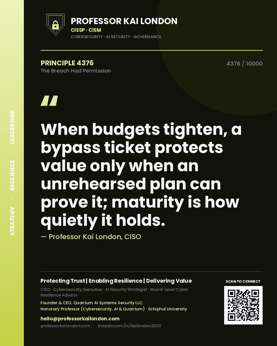 Quote card by Professor Kai London reading 'When budgets tighten, a bypass ticket protects value only when an unrehearsed plan can prove it; maturity is how quietly it holds.'. From the book The Breach Had Permission.