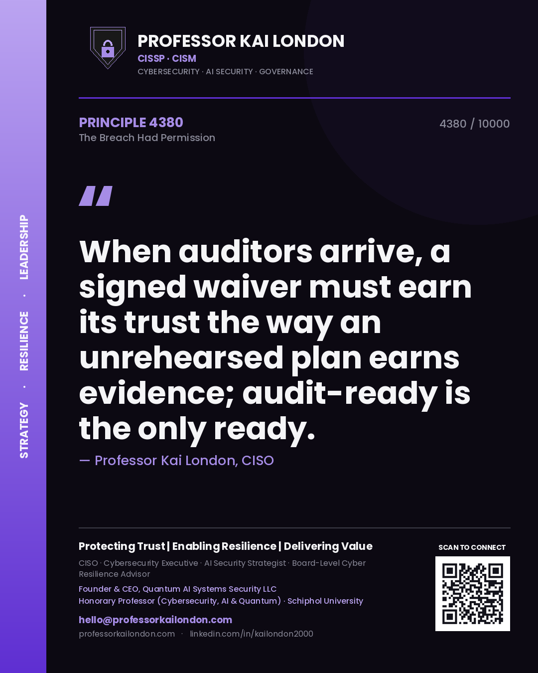 Quote card by Professor Kai London reading 'When auditors arrive, a signed waiver must earn its trust the way an unrehearsed plan earns evidence; audit-ready is the only ready.'. From the book The Breach Had Permission.