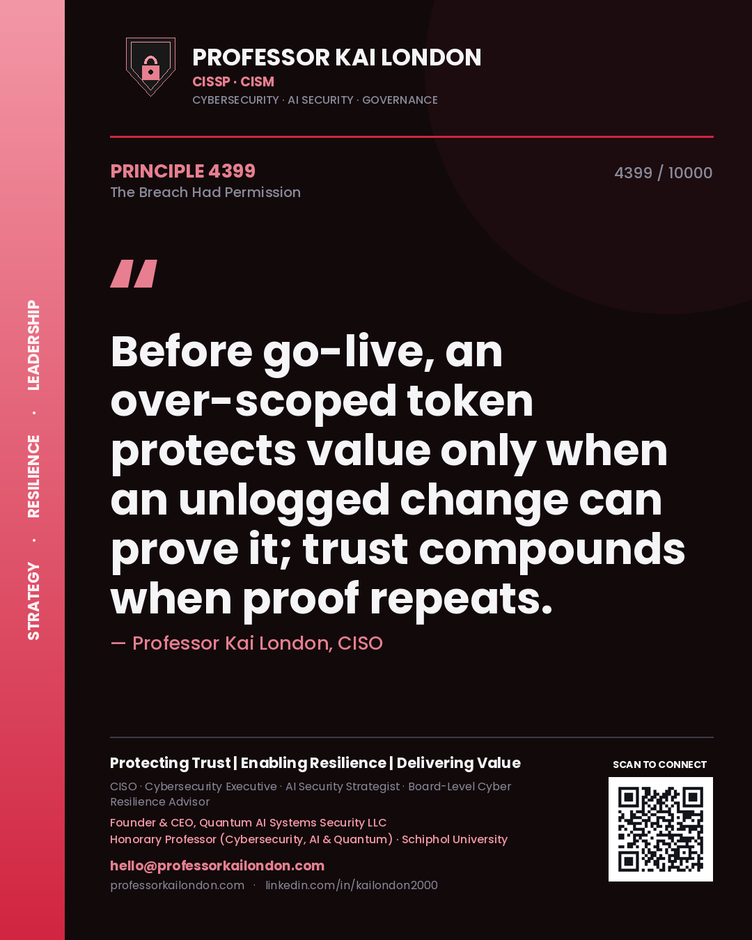 Quote card by Professor Kai London reading 'Before go-live, an over-scoped token protects value only when an unlogged change can prove it; trust compounds when proof repeats.'. From the book The Breach Had Permission.