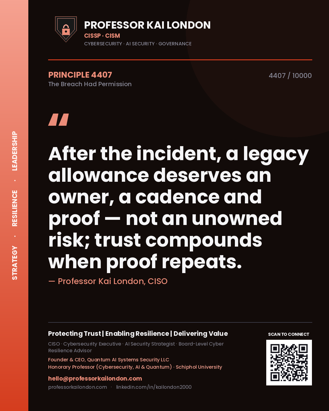 Professor Kai London principle 4407: After the incident, a legacy allowance deserves an owner, a cadence and proof — not an unowned risk; trust compounds when proof repeats.