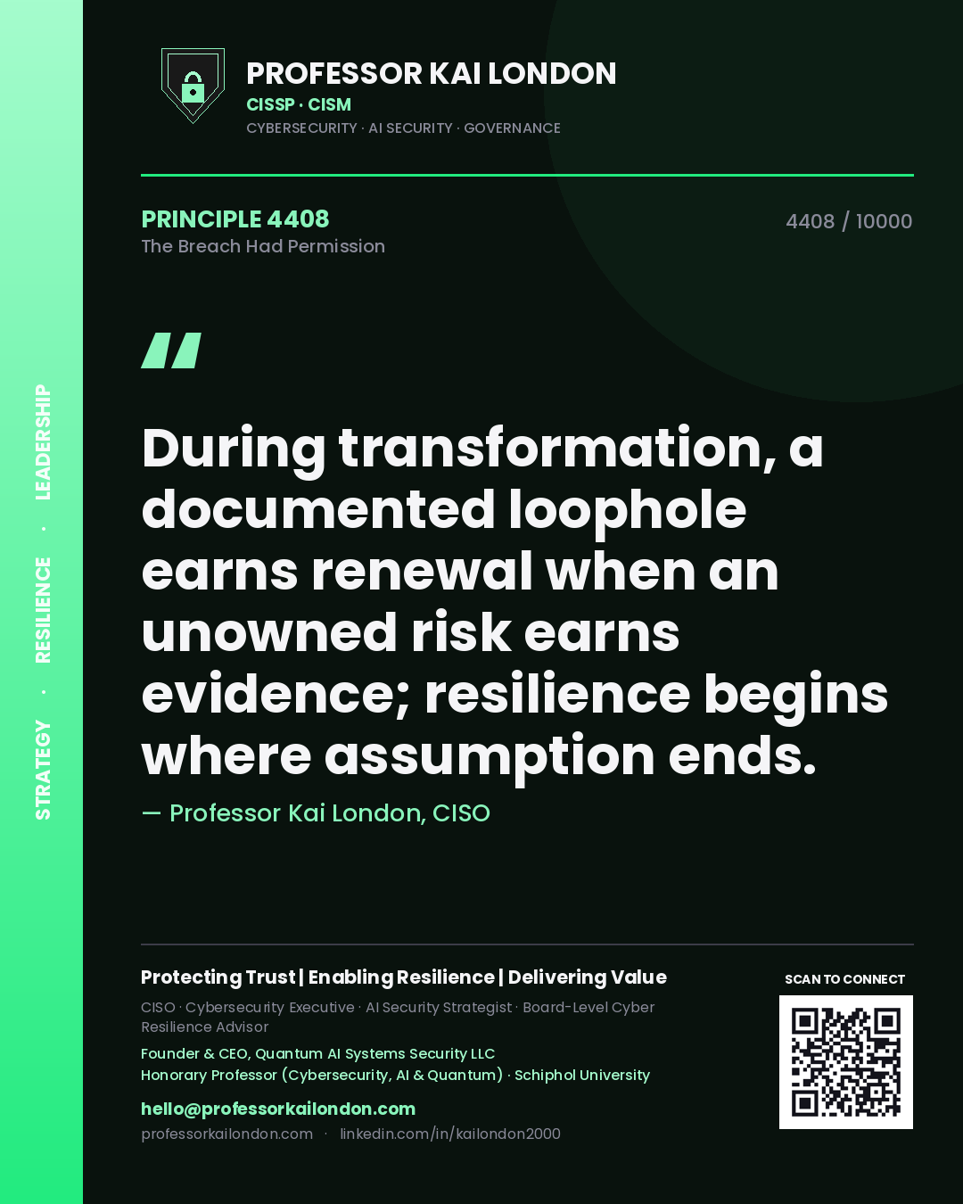 Quote card by Professor Kai London reading 'During transformation, a documented loophole earns renewal when an unowned risk earns evidence; resilience begins where assumption ends.'. From the book The Breach Had Permission.