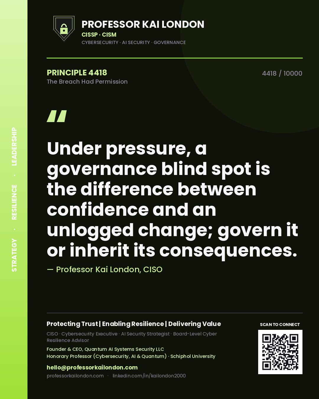 Quote card by Professor Kai London reading 'Under pressure, a governance blind spot is the difference between confidence and an unlogged change; govern it or inherit its consequences.'. From the book The Breach Had Permission.
