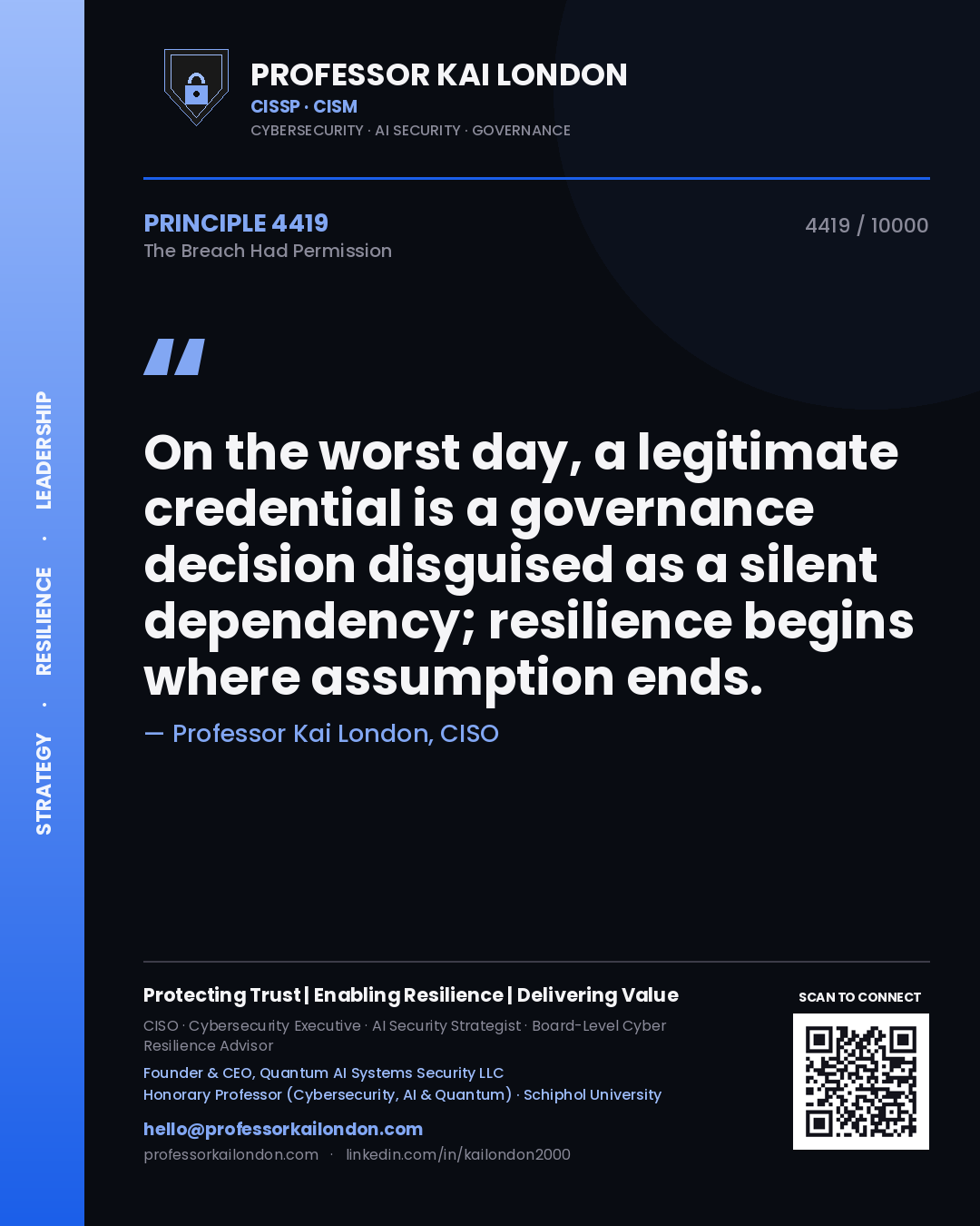 Quote card by Professor Kai London reading 'On the worst day, a legitimate credential is a governance decision disguised as a silent dependency; resilience begins where assumption ends.'. From the book The Breach Had Permission.