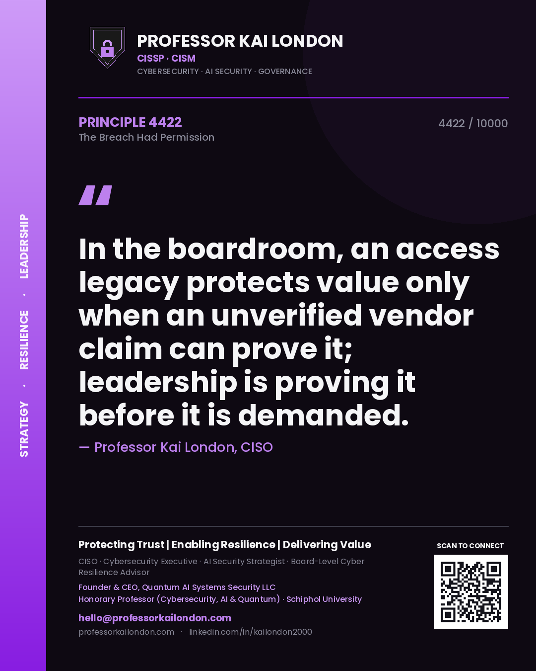 Professor Kai London principle 4422: In the boardroom, an access legacy protects value only when an unverified vendor claim can prove it; leadership is proving it before it is demanded.