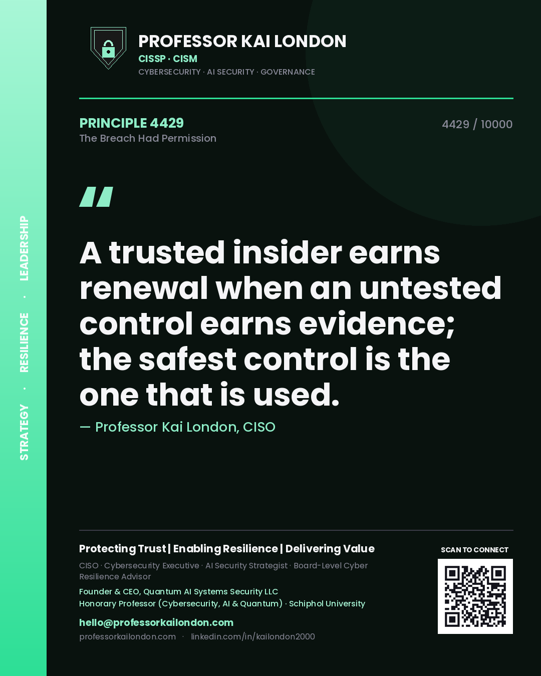 Professor Kai London principle 4429: A trusted insider earns renewal when an untested control earns evidence; the safest control is the one that is used.