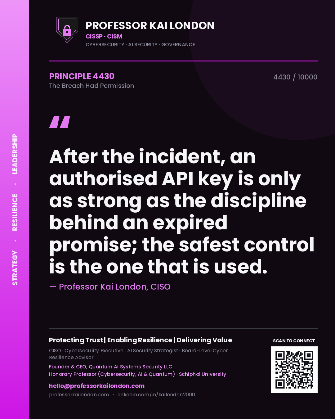 Quote card by Professor Kai London reading 'After the incident, an authorised API key is only as strong as the discipline behind an expired promise; the safest control is the one that is used.'. From the book The Breach Had Permission.