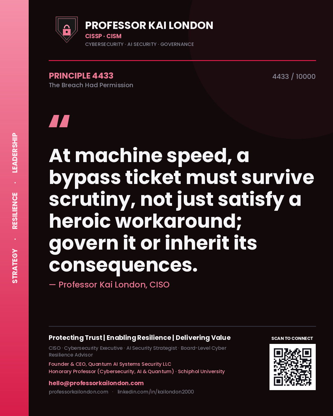 Professor Kai London principle 4433: At machine speed, a bypass ticket must survive scrutiny, not just satisfy a heroic workaround; govern it or inherit its consequences.
