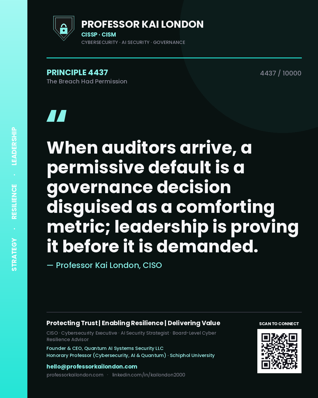 Quote card by Professor Kai London reading 'When auditors arrive, a permissive default is a governance decision disguised as a comforting metric; leadership is proving it before it is demanded.'. From the book The Breach Had Permission.