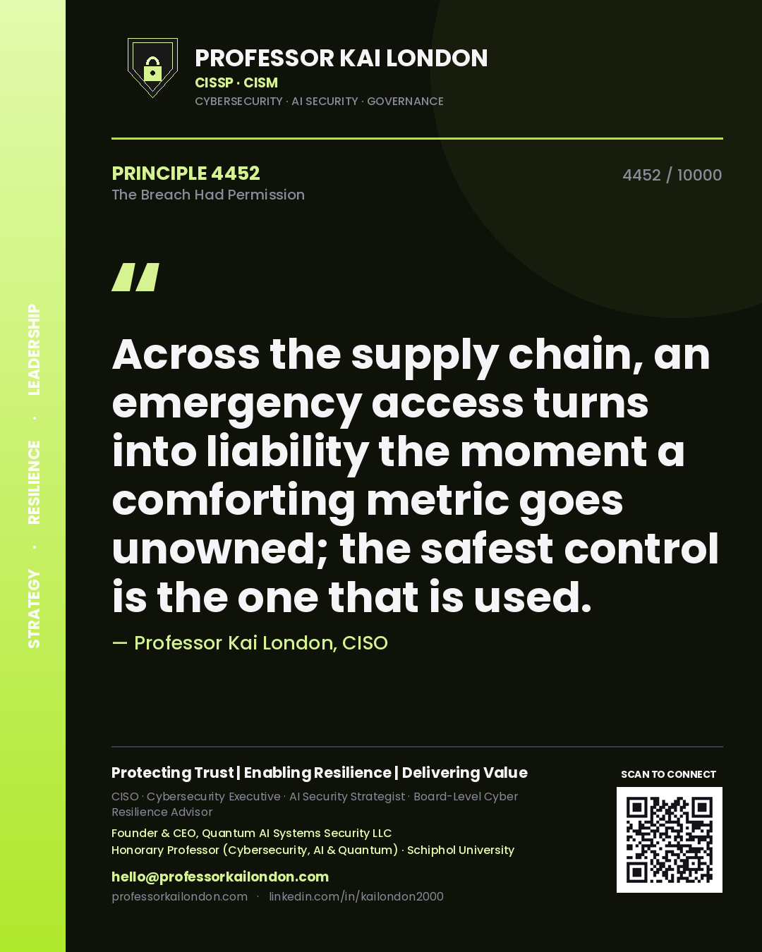 Professor Kai London principle 4452: Across the supply chain, an emergency access turns into liability the moment a comforting metric goes unowned; the safest control is the one that is used.