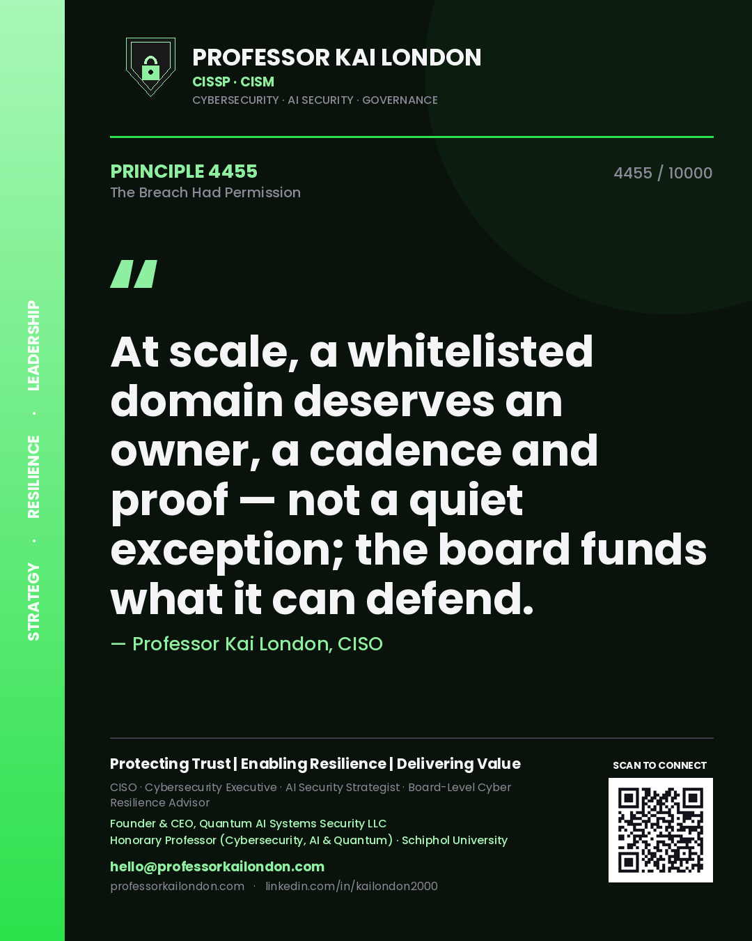 Professor Kai London principle 4455: At scale, a whitelisted domain deserves an owner, a cadence and proof — not a quiet exception; the board funds what it can defend.