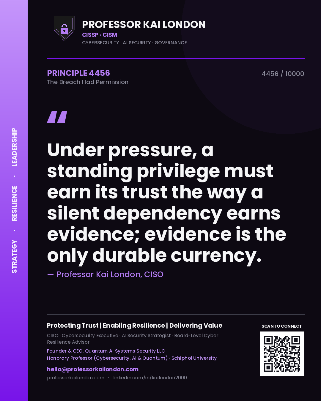 Quote card by Professor Kai London reading 'Under pressure, a standing privilege must earn its trust the way a silent dependency earns evidence; evidence is the only durable currency.'. From the book The Breach Had Permission.