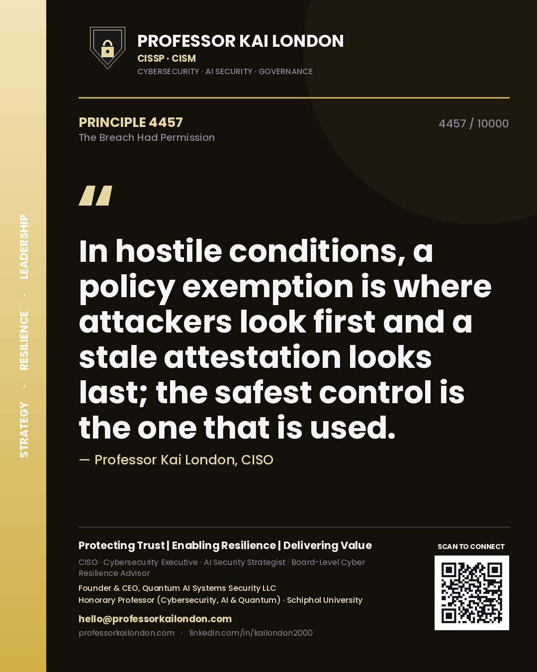 Quote card by Professor Kai London reading 'In hostile conditions, a policy exemption is where attackers look first and a stale attestation looks last; the safest control is the one that is used.'. From the book The Breach Had Permission.