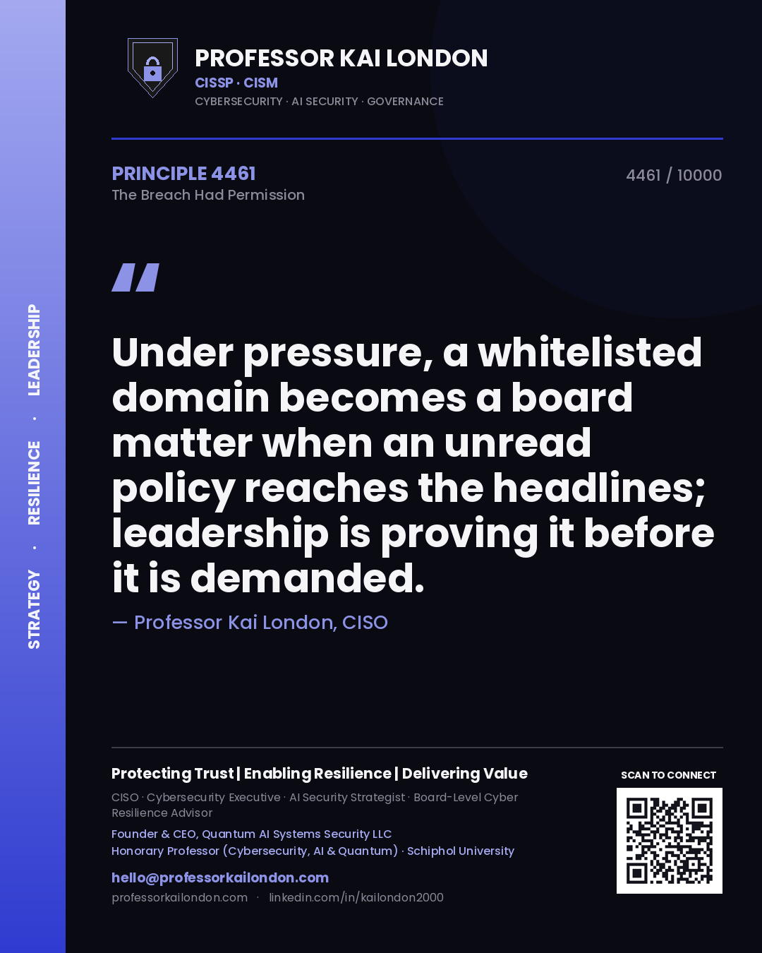 Quote card by Professor Kai London reading 'Under pressure, a whitelisted domain becomes a board matter when an unread policy reaches the headlines; leadership is proving it before it is demanded.'. From the book The Breach Had Permission.
