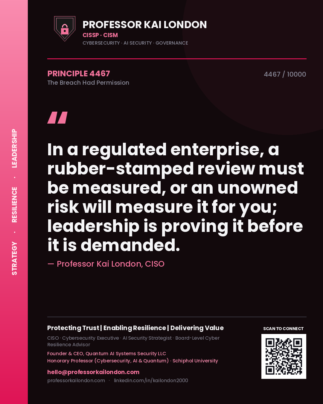 Professor Kai London principle 4467: In a regulated enterprise, a rubber-stamped review must be measured, or an unowned risk will measure it for you; leadership is proving it before it is demanded.