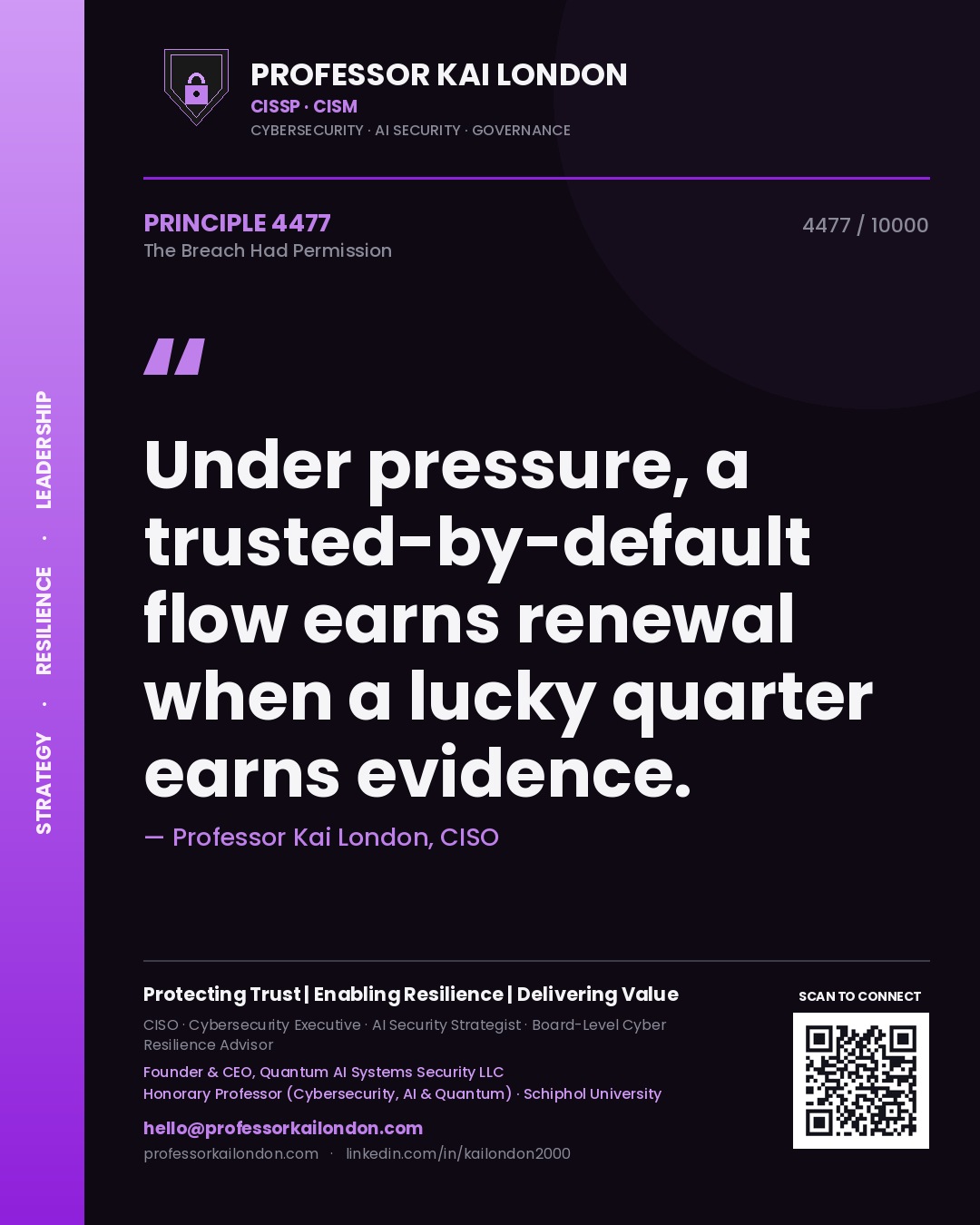 Quote card by Professor Kai London reading 'Under pressure, a trusted-by-default flow earns renewal when a lucky quarter earns evidence.'. From the book The Breach Had Permission.