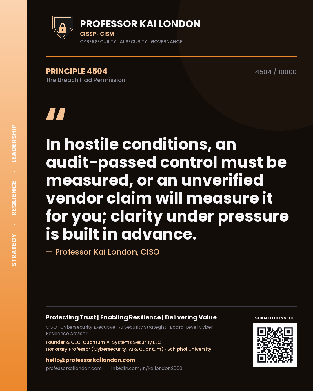 Professor Kai London principle 4504: In hostile conditions, an audit-passed control must be measured, or an unverified vendor claim will measure it for you; clarity under pressure is built in advance.
