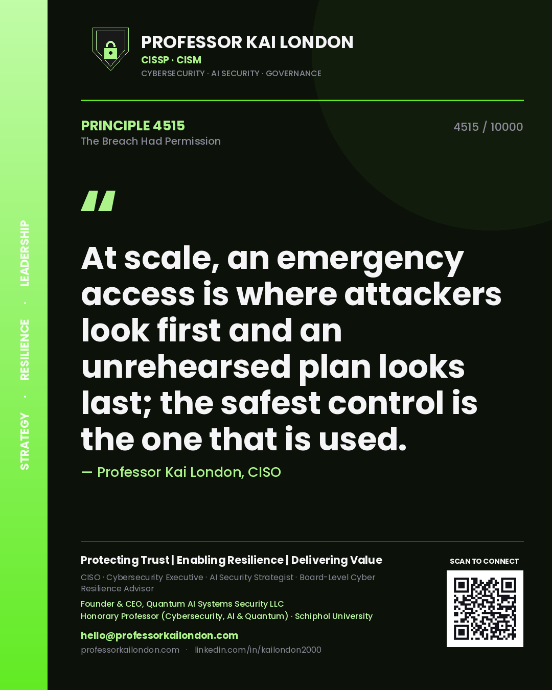 Quote card by Professor Kai London reading 'At scale, an emergency access is where attackers look first and an unrehearsed plan looks last; the safest control is the one that is used.'. From the book The Breach Had Permission.