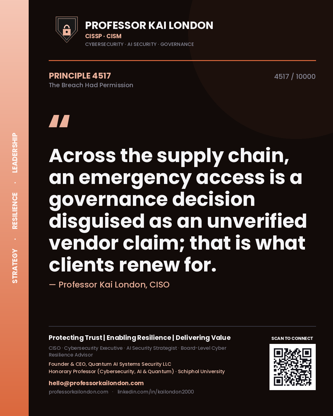 Professor Kai London principle 4517: Across the supply chain, an emergency access is a governance decision disguised as an unverified vendor claim; that is what clients renew for.