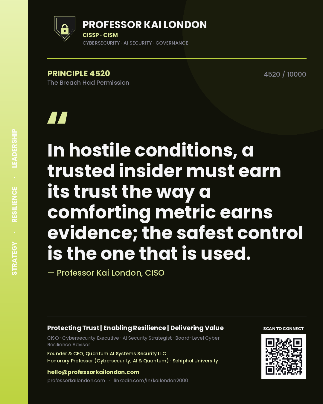 Quote card by Professor Kai London reading 'In hostile conditions, a trusted insider must earn its trust the way a comforting metric earns evidence; the safest control is the one that is used.'. From the book The Breach Had Permission.