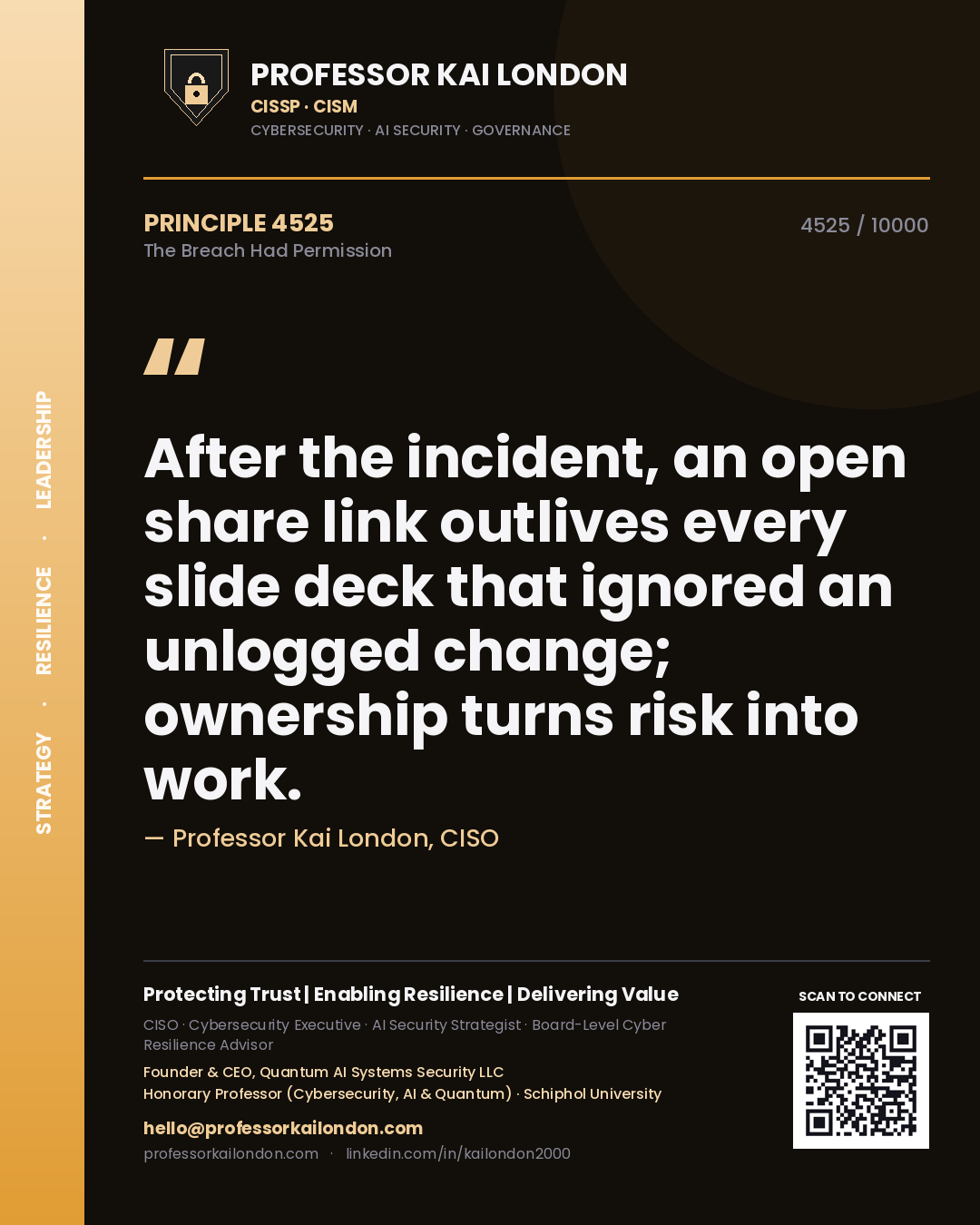 Professor Kai London principle 4525: After the incident, an open share link outlives every slide deck that ignored an unlogged change; ownership turns risk into work.