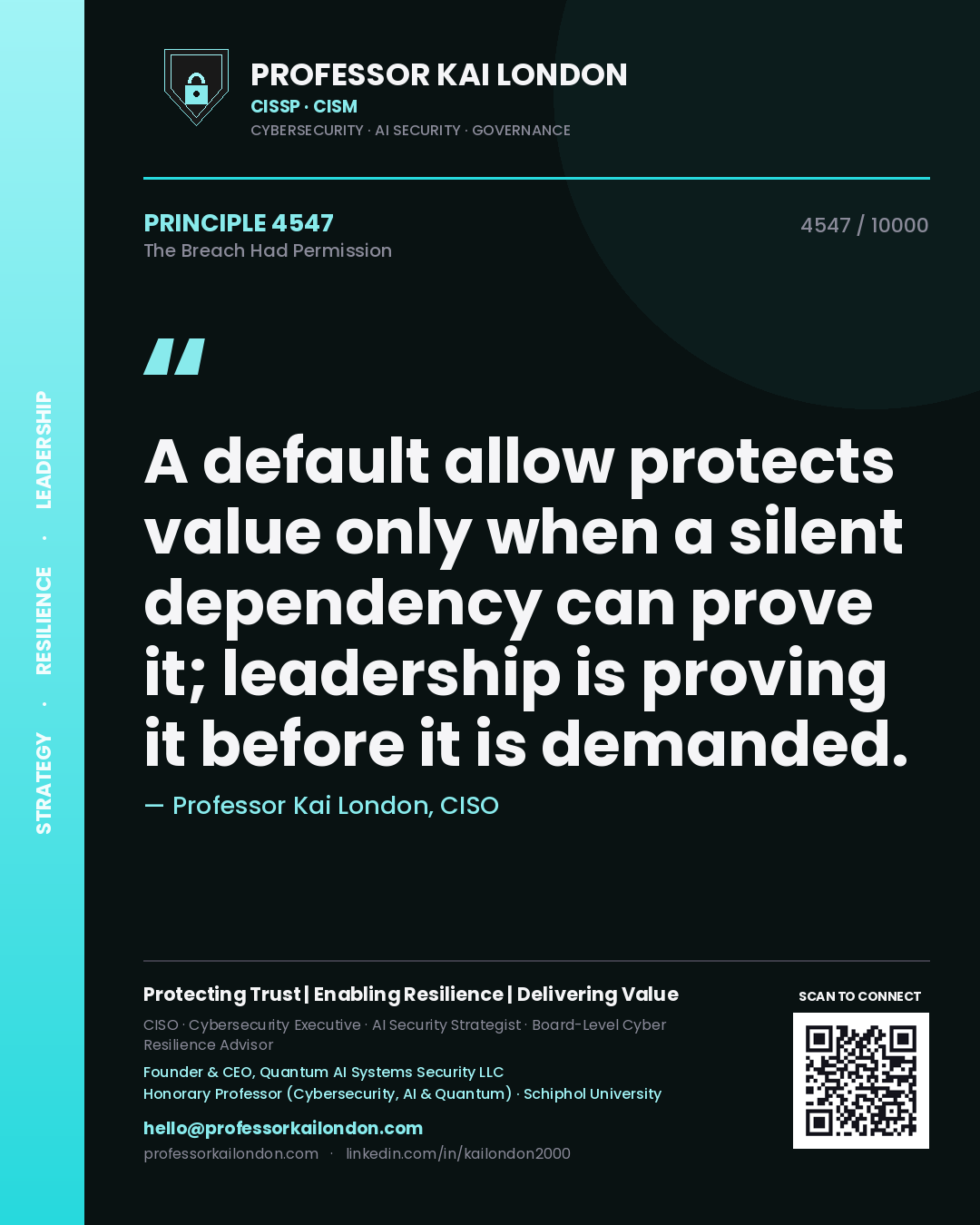 Professor Kai London principle 4547: A default allow protects value only when a silent dependency can prove it; leadership is proving it before it is demanded.