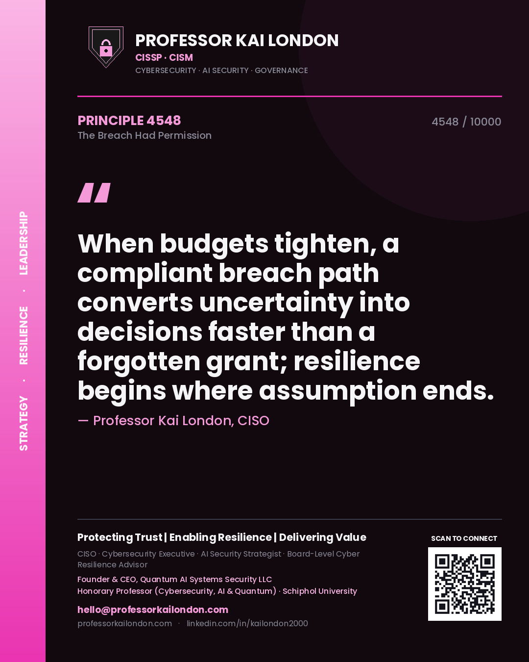 Professor Kai London principle 4548: When budgets tighten, a compliant breach path converts uncertainty into decisions faster than a forgotten grant; resilience begins where assumption ends.