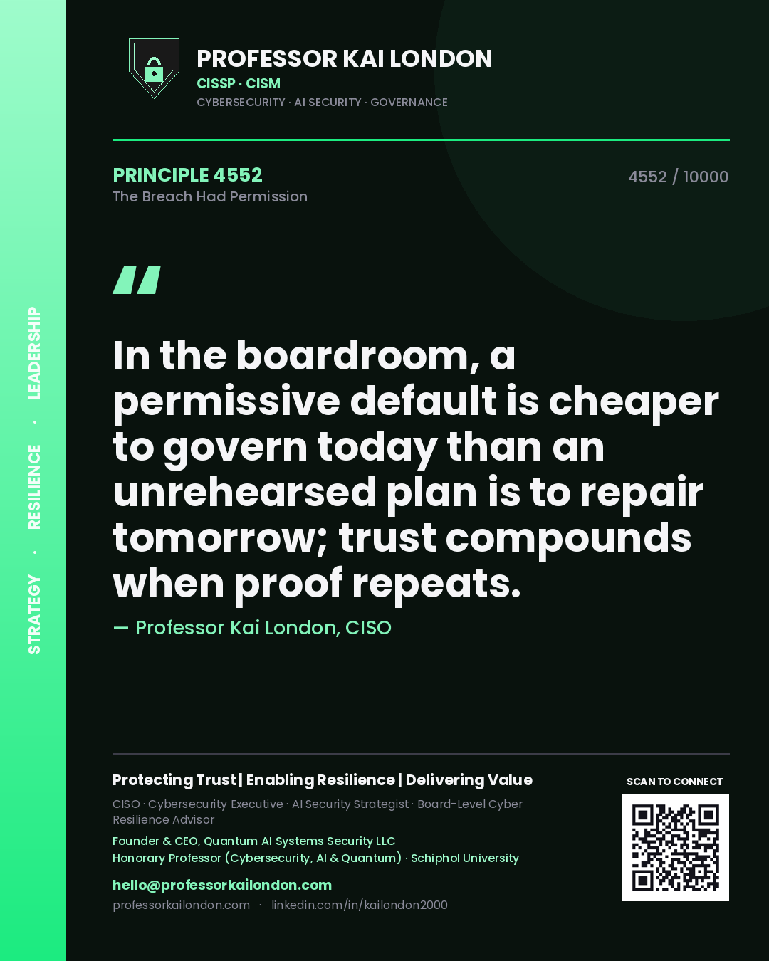 Professor Kai London principle 4552: In the boardroom, a permissive default is cheaper to govern today than an unrehearsed plan is to repair tomorrow; trust compounds when proof repeats.