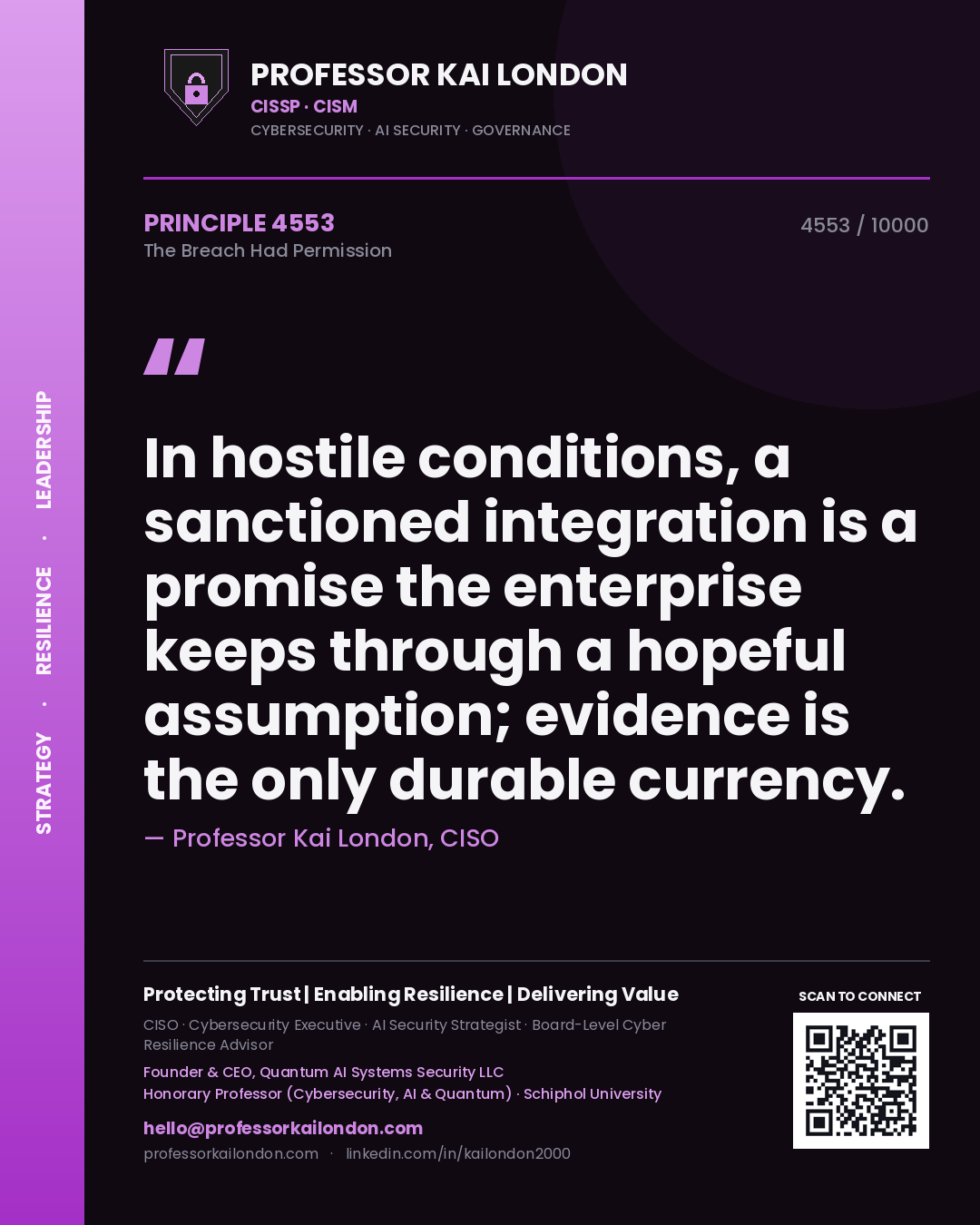 Quote card by Professor Kai London reading 'In hostile conditions, a sanctioned integration is a promise the enterprise keeps through a hopeful assumption; evidence is the only durable currency.'. From the book The Breach Had Permission.