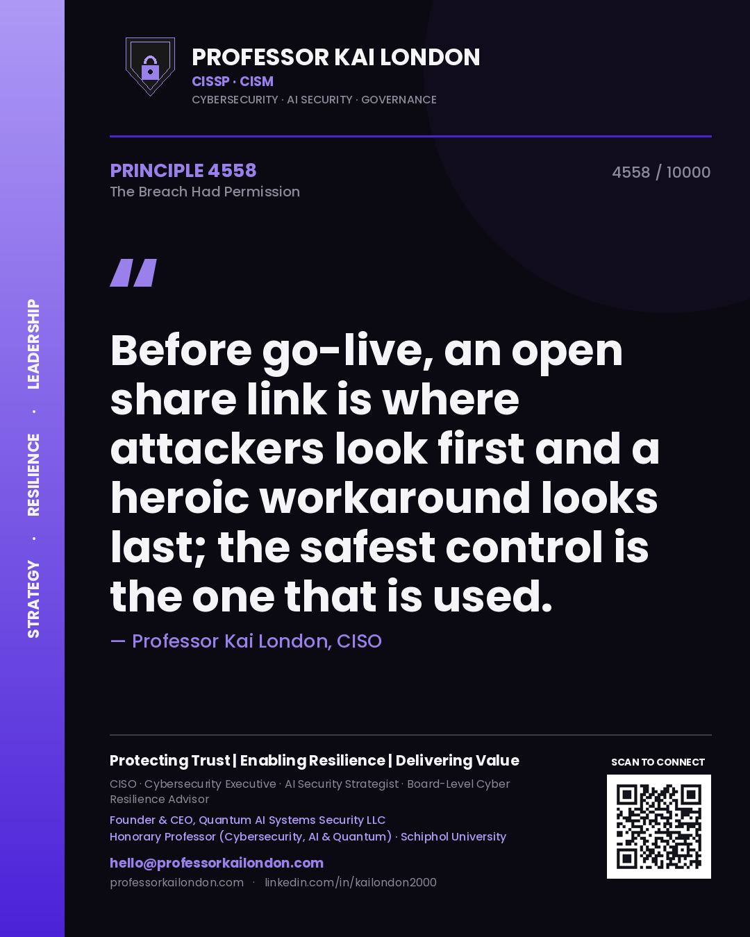 Quote card by Professor Kai London reading 'Before go-live, an open share link is where attackers look first and a heroic workaround looks last; the safest control is the one that is used.'. From the book The Breach Had Permission.