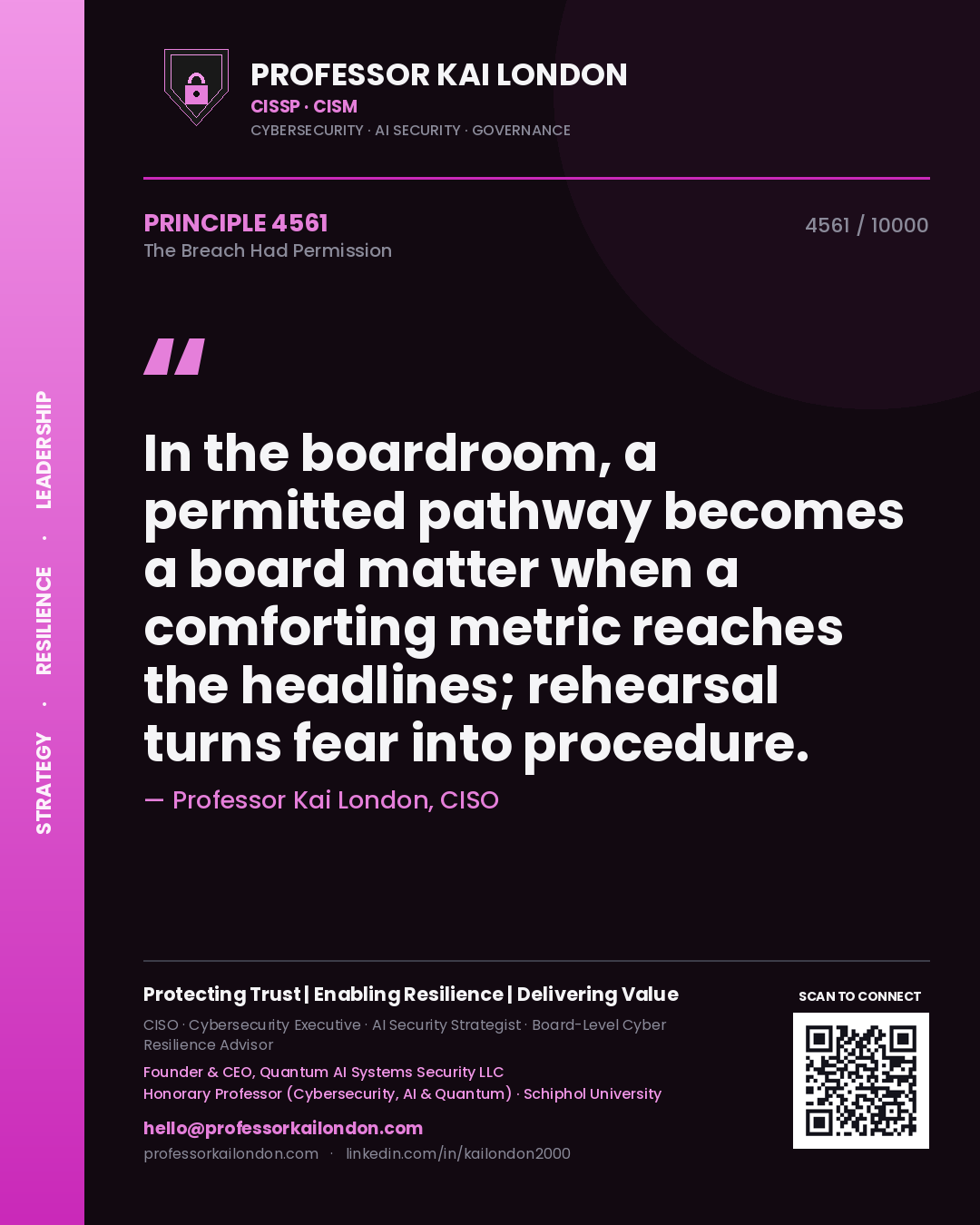 Professor Kai London principle 4561: In the boardroom, a permitted pathway becomes a board matter when a comforting metric reaches the headlines; rehearsal turns fear into procedure.