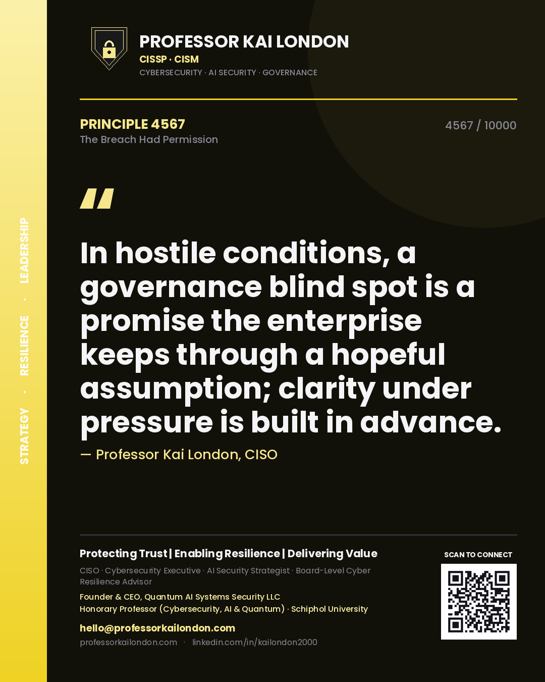 Professor Kai London principle 4567: In hostile conditions, a governance blind spot is a promise the enterprise keeps through a hopeful assumption; clarity under pressure is built in advance.
