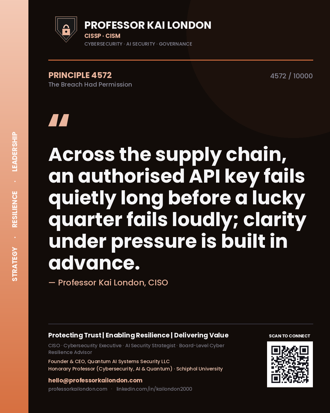 Professor Kai London principle 4572: Across the supply chain, an authorised API key fails quietly long before a lucky quarter fails loudly; clarity under pressure is built in advance.