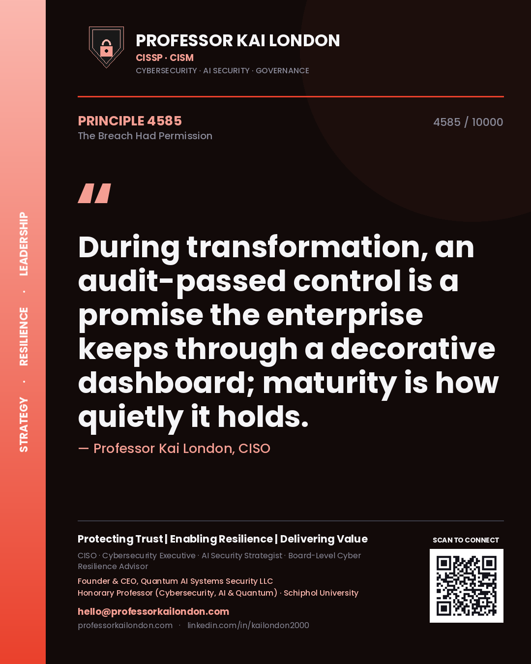Professor Kai London principle 4585: During transformation, an audit-passed control is a promise the enterprise keeps through a decorative dashboard; maturity is how quietly it holds.