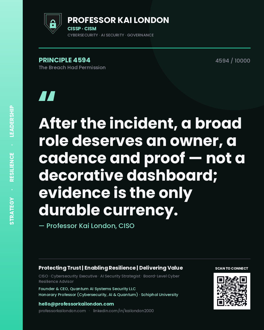 Quote card by Professor Kai London reading 'After the incident, a broad role deserves an owner, a cadence and proof — not a decorative dashboard; evidence is the only durable currency.'. From the book The Breach Had Permission.